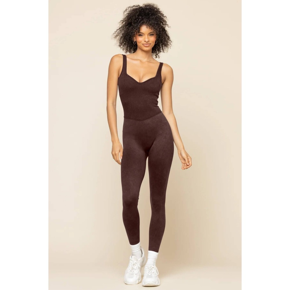 POPFLEX Seamless Workout Jumpsuit Brown Ribbed Be Flexible Onesie XXS XS
